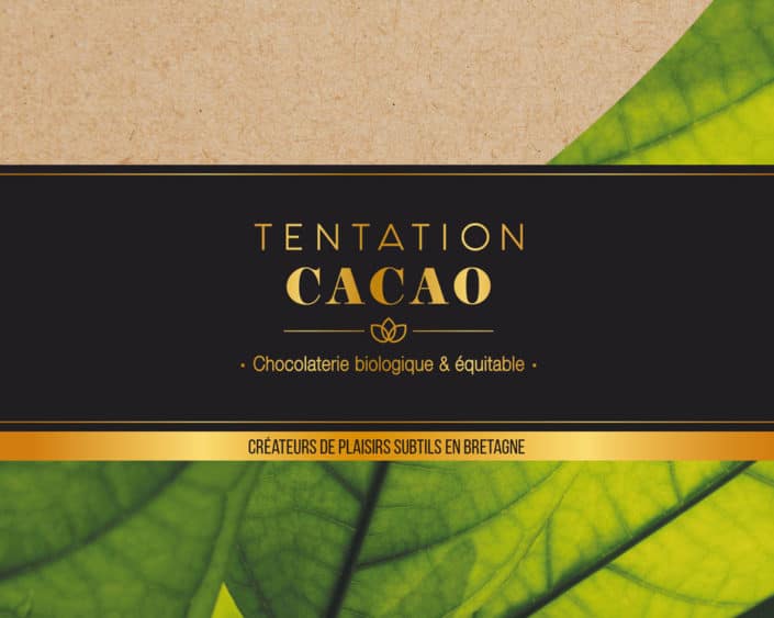 Logotype, identité visuelle, catalogue, toute la communication de cette chocolaterie biologique et équitable Identité visuelle chocolaterie Tentation Cacao